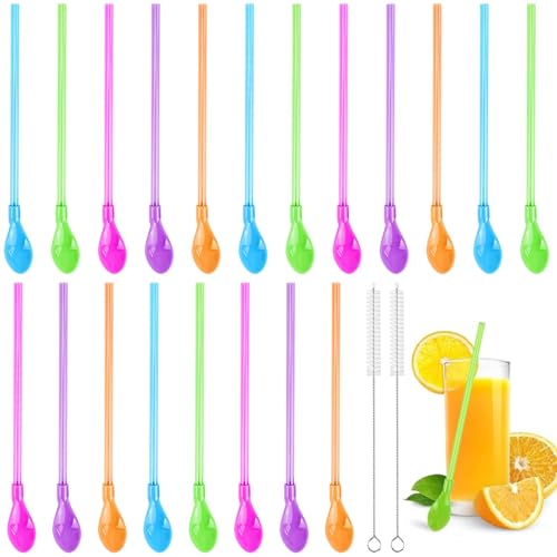 Alethron 20 cucchiai di cannuccia 2 in 1 in plastica colorata, con 2 spazzole, cannuccia riutilizzabile, cucchiaio per latte macchiato con cannuccia, cucchiaio per frullato