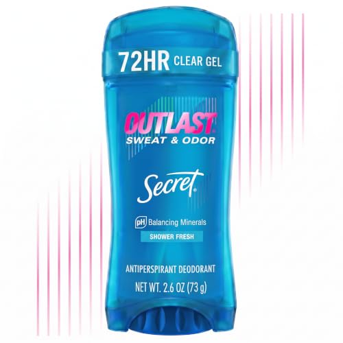 Secret Outlast Antiperspirant Deodorant for Women 72hr Sweat & Odor Protection PH Balancing Minerals Clear Gel Shower Fresh Scent 2.6 oz