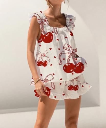 Image of ROAONOCOMO Women Floral Pajama Set Ruffle Babydoll Cami Top Coquette Pj Set Gingham 2 Piece Shorts Outfit Bridal Loungewear