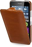 STILGUT UltraSlim Hülle, Hülle aus Leder kompatibel mit Microsoft Lumia 640/640 Dual SIM (nur kompatibel mit orangener & Blauer Version), Cognac