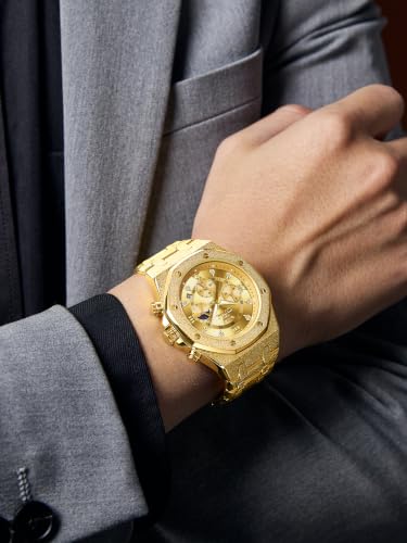 Image of OPK Men Analog Automatic Watches Waterproof Multifunction Chronograph Diamond Moon Phase Luminous Stainless Steel Band Wrist Watches