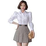 [GRAXIA] 【グラシア】キャバドレス ミニドレス セットアップ ツーピース キャバ嬢 キャバクラ ラウンジ 七分袖 チェック柄 ガーリー ギャザー プリーツスカート レディース ホワイト×ブラウン Lサイズ