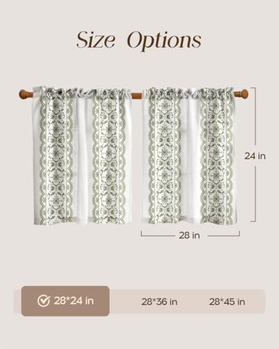 Image of Miss Adola Boho Kitchen Curtains - 24 Inch Length Linen Blend Green Floral Cafe Curtains Farmhouse Tier Curtain Short Drapes Rod Pocket for Bathroom Living Room Windows Light Filtering, 2 Panels