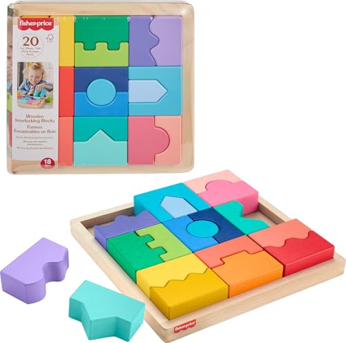 Fisher-Price Wood Toddler Toy Interlocking Blocks Stacking Jigsaw...