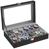 SONGMICS Uhrenbox mit 12 Fächern, Uhrenkasten, Glasdeckel, Uhrenkoffer mit herausnehmbaren Uhrenkissen, Premium-Uhrenschatulle, PU-Bezug in Schwarz, Samtfutter in Grüngrau JWB12BK