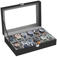 SONGMICS Uhrenbox mit 12 Fächern, Uhrenkasten, Glasdeckel, Uhrenkoffer mit herausnehmbaren Uhrenkissen, Premium-Uhrenschatulle, PU-Bezug in Schwarz, Samtfutter in Grüngrau JWB12BK