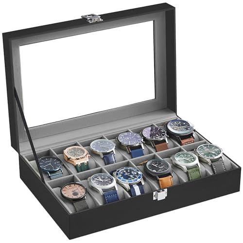 SONGMICS Uhrenbox mit 12 Fächern Uhrenkasten Glasdeckel Uhrenkoffer mit herausnehmbaren Uhrenkissen Premium-Uhrenschatulle PU-Bezug in Schwarz Samtfutter in Grüngrau JWB12BK