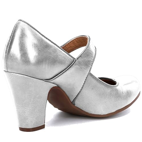 Image of SHODENSE Women Vintage Chunky High Heel Mary Jane Shoes Round Closed Toe Ankle Strap Dress Sandals 3 inch Block Heels Mary Jane Lolita Pumps Two-Toned Patchwork Buckle Office Lady Wedding Retro 4-11 M US