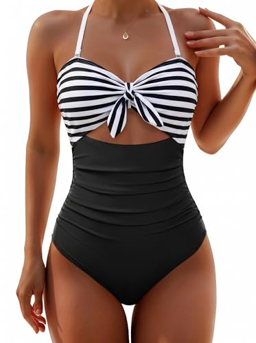 Image of Tempt Me Women Sexy Cutout One Piece Swimsuits Tummy Control High Waisted Halter Front Tie Knot Bathing Suit