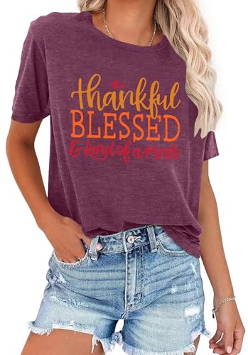Thanksgiving Shirts for Women Thankful Blessed and Kind of A Mess T Shirt Thankful T-Shirt Casual Autumn Tops Wine Red — view 4