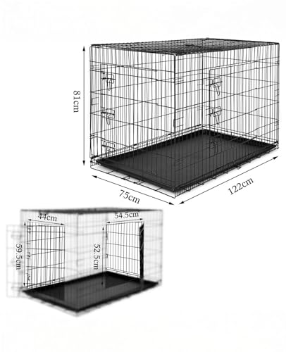 lionto Tiertransportbox für Hunde und Katzen, vielseitiger Transportkäfig mit hygienischer Kunststoffwanne, 122x75x81 cm, Hundebox aus Metall mit stabilen Sicherheitsverschlüssen & Trennwand, schwarz