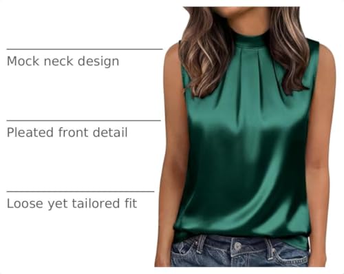 Image of Funlingo Women's Silk Satin Tank Tops Mock Neck Camisole Dressy Sleeveless Blouse Business Casual Pleated Summer Shirts 2026
