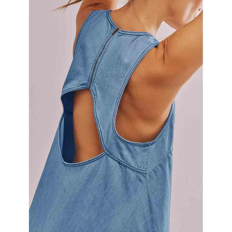 Women's Sleeveless Backless Denim Dress Solid Color Loose Casual Short Skirt Denim Skirt3