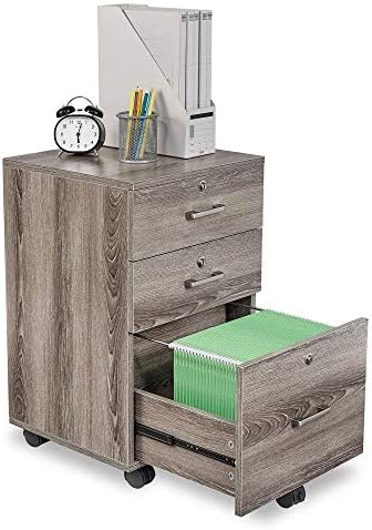 Bonnlo Wood 3-Drawer Rolling File Cabinet with Lock, Printer Stand & Mobile Filing Cabinet for Home Office, Under Desk File Cabinet for Hanging Letter Size Documents, Grey Oak, 26” H