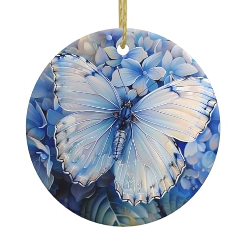 Christmas Ceramic Round Pendant Hanging - 2.9 in YYHHAOFA Butterflies on Hydrangea Printed Decoration Smooth