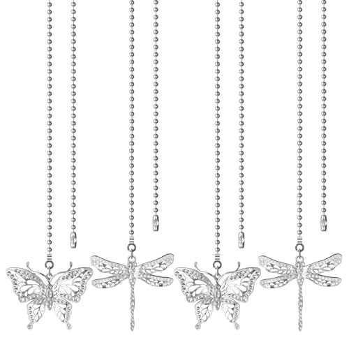 SHIFANQI Ceiling Fan Pull Chain, 4 Pack Silver Dragonfly Fan Pull Chain Extension, 12 Inches Decorative Chain Pulls Pendant for Ceiling Light Fan Lamp, Beads Ball Chain Extender with Connector