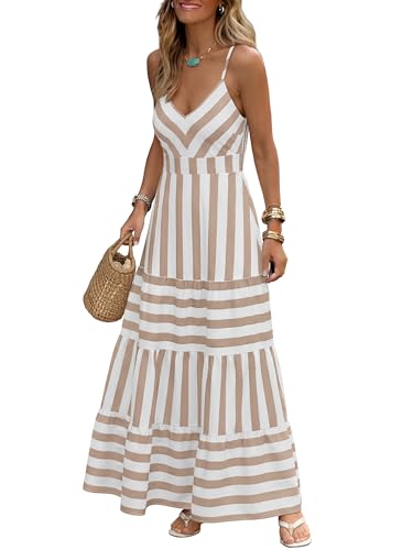 Caracilia Womens Gingham Striped Smocked Maxi Dress White Khaki Stripe M