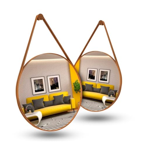 Espelho Adnet Couro Costurado Com Alça + Suporte 60cm 50cm 40cm 30cm Sala Quarto Banheiro Redondo(Kit 2 40cm - Caramelo)