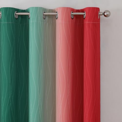 Estelar Textiler Red and Green Ombre Blackout Curtains for Sliding Door, Thermal Insulated Gradient Drapes 96 Inches Long, Full Light Blocking Curtains for Living Room/Bedroom, 52Wx96L, 2 Panels
