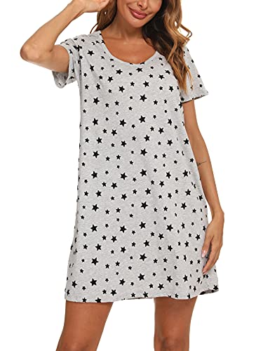 ENJOYNIGHT Camisón de noche para mujer, verano, algodón, estampado de manga corta, camiseta de dormir, camisón para mujer, ropa de dormir, vestido de noche, Estrella gris., L-XL Cover