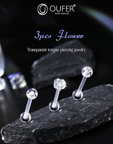 OUFER 3PCS Plastic Tongue Rings, Clear Tongue Piercing Retainers for Surgery, Cute Flower Tongue Jewelry, 14G Clear CZ Nipple Piercing Jewelry-16MM3