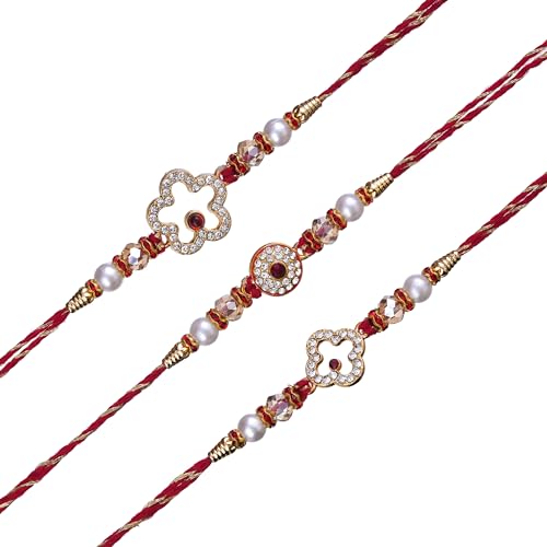 Image of eCraftIndia Set of 3 White & Red Diamonds Pearls Designer Rakhis, Best Bro Ever Fridge Magnet with Roli Chawal Pack - Rakhis for Brother, Bhabhi, Kids