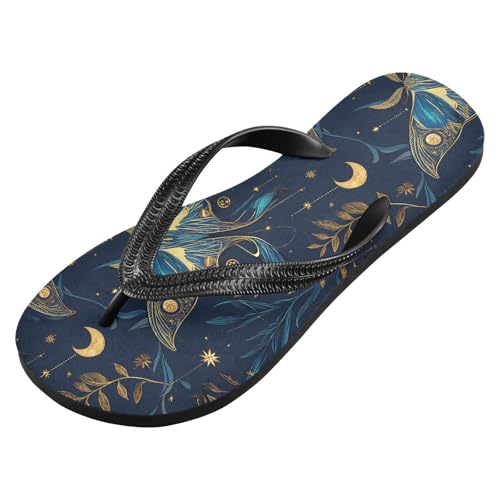 ALAZA Bohemian Blue Moth Flip Flops for Women Fashion Beach Slippers Comfort Mens Flip Flops Non-Slip Rubber Shower Slippers Sandal for Hotel Travel Sport,XS2