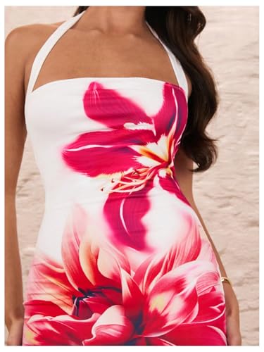 OYOANGLE Women's Floral Print Y2K Mini Dress Halter Neck Sleeveless Fitted Short Dresses4
