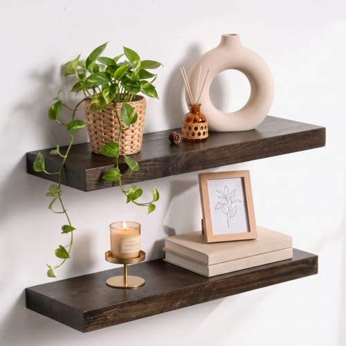 Image of Elm Floating Shelves for Wall - 20 in Rustic Solid Wood Shelves with Heavy-Duty Invisible Bracket, Wall-Mounted Wooden Shelf for Living Room, Bathroom, Kitchen Storage & Display, Set of 2, Walnut