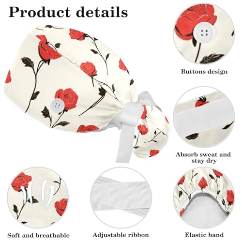 Image of Red Blooming Rose Flowers Black Working Cap with Scrunchy and Ribbon Tie for Women, Long Hair