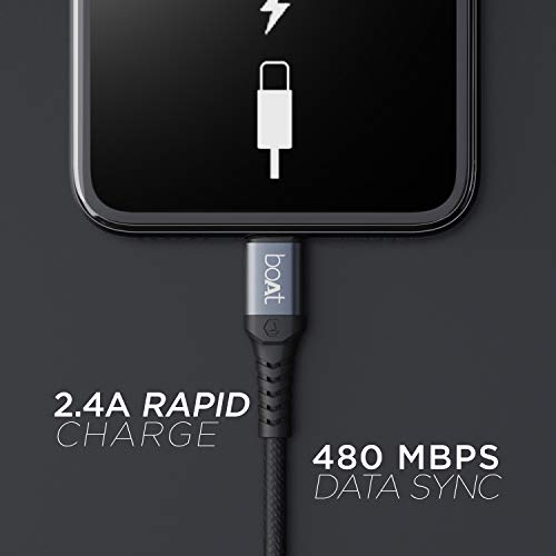 Image of Boat LTG 550V3 Lightning Cable Apple Mfi Certified with Spaceship Grade Aluminium Housing,Stress Resistance, Rapid 2.4A Charging &480Mbps Data Sync, 1M Length & 10000+ Bends Lifespan(Mercurial Black)