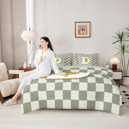 Image of Erosebridal Sage Green Checkered Queen Comforter Set with Sheets 7 Piece Plaid Initial D Bed in A Bag Personalized Monogram Bedding Sets for Kids Adults,Fashion Grids Gingham Bed Set