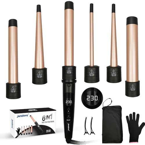 janelove Hair Curler, Curling Wand,6 in 1 Hair Iron Set for Long/Short Hair, with 5 Interchangeable Ceramic Barrel,Include Large/Small Curlers,with Heat Resistant Glove