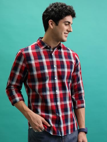 Image of Highlander Men's Slim Fit Checks Shirt |Full Sleeves | Spread Collar | Casual Shirt for Men
