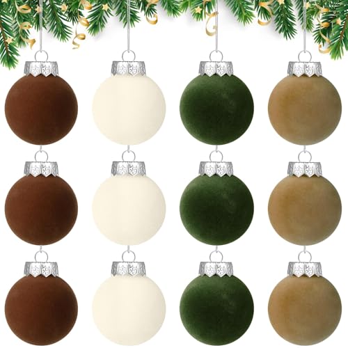 DIYDEC 12 Weihnachtskugeln, 6 cm, Kunststoff, Samt, bruchsicher, weiß-grün, beflocktes Kugel-Set für Weihnachten, Party, Urlaub, Dekoration
