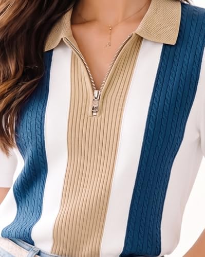 Image of AUSK Women's Casual Summer Polo Knit T-Shirt | Zip Collar Top | Half Sleeves | Ribbed Panel Design | Lightweight Comfort | Regular Fit