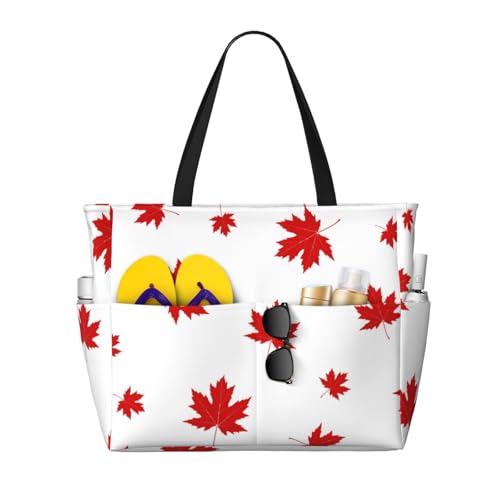 Hnnkloy Hoja de arce roja,Bolso de playa de gran capacidad, bolso de hombro de viaje para mujer, bolso de mano impermeable.