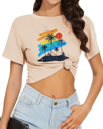 Image of Womens Summer Crop Tops Short Sleeve Round Neck T-Shirts Loose Fit Casual Blouse 2026