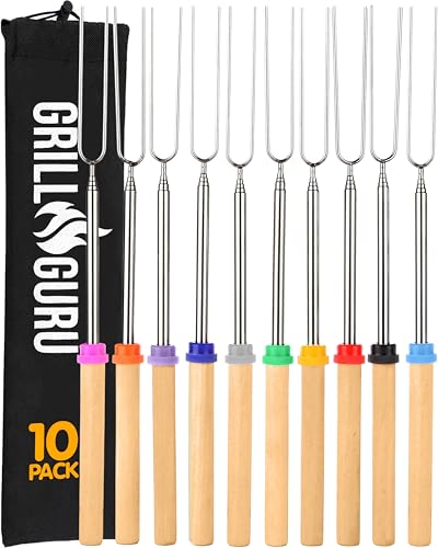 Grill Guru Smores Sticks for Fire Pit - Accessories for Campfire Marshmallow Roasting Sticks Smores Kit Outdoor-Smore Skewers Hot Dog Fork For Outside, Camping Essentials Bonfire Gear Long 32' 10 Pack