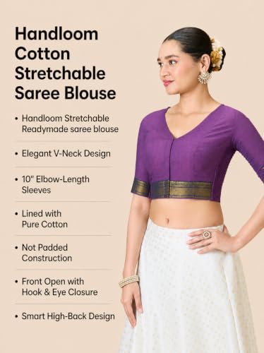Image of Studio Shringaar Women's Handloom Cotton Stretchable (Smocked) Saree Blouse with Temple Zari Border