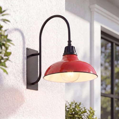 Image of JONATHAN Y 12.25 inch Red /Black 1-Light Farmhouse Gooseneck Outdoor Wall Sconce Lamp, with Black Metal Bowl Shade, Industrial Iron LED Porch Light for Patio Garage Entryway (JYL7614E)