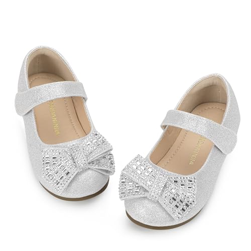 PANDANINJIA Toddler Girls Dress Shoes Mary Jane Little Kids Ballet Flats Rhinestone Bow Wedding Party Shoes