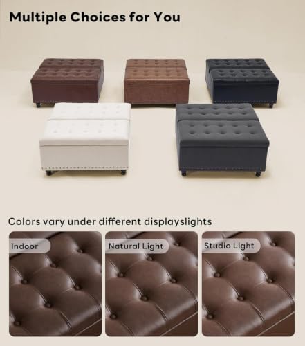Tbfit Large Square Storage Ottoman Bench, Tufted Upholstered Coffee Table Ottoman with Lift Top & Solid Wood Legs, Oversized Storage Ottomans Toy Box for Living Room (Dark Brown) - 5