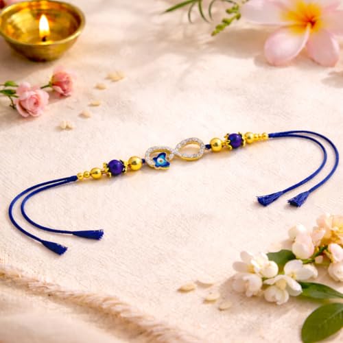 Image of JAIPUR ACE Elegant Infinity Rakhi Bracelet with Evil Eye Charm Premium Blue Thread Raksha Bandhan Rakhi for Brother, Gold Beads Designer Rakhi with Protective & Modern Stylish Look (Infinity Rakhi)