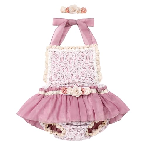 IDOPIP Baby Girls 1st Birthday Outfit Boho Floral Lace Romper Backless Bodysuit Dress with Diaper Cover Tulle Bloomers and Headband for One Year Old Cake Smash Photo Prop Dusty Pink 0-6 Months