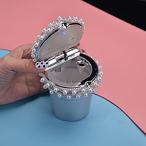 Image of ikasus Pearls Inlaid Car Ashtray, Portable Car Ashtray with Lid and LED Light Crystal Car Accessories Windproof Trash Can Car Interior Decoration for Car Vehicles Home Office (Black)
