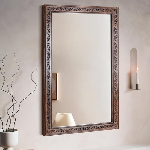 Image of Wooden Bathroom Wall Mirror 30 inchx18 inch - Solid Wood Frame, Burnt Brown | Vanity Mirror, Farmhouse Decorative Wall Mirror for Bathroom, Bedroom, Living Room & Entryway, Vertical /Horizontal Hanging