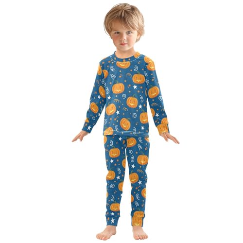 Pajama Sets Long Sleeve Pumpkin Stars Swirls Blue Background Soft Comfy Sleepwear 2 Piece PJS 3-8T2
