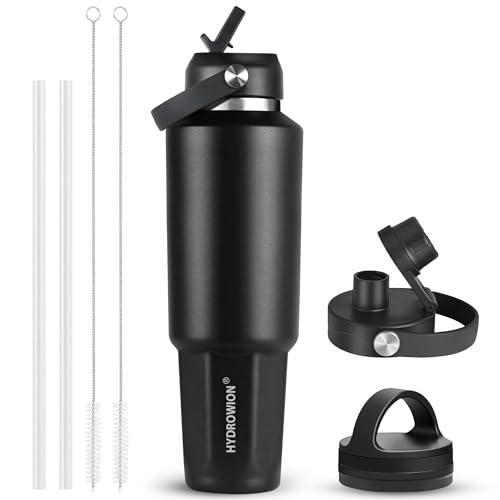 Image of HYDROWION 32 oz Insulated Water Bottle, Car Water Bottle Holder - Double Wall Vacuum Insulated Travel Bottle with Straw Lid, Spout Lid and Flex Cap - Cold for 24H, Hot for 12H, Black