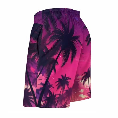 Men Hawaiian Swimsuits Drawstring Elastic Waist Swim Trunks Palm Pattern Beach Board Shorts3